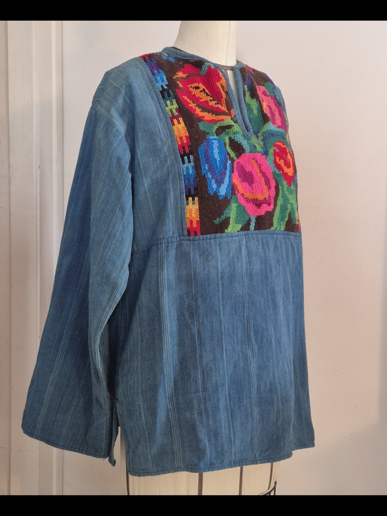 Vintage Tops - Vintage 70s Guatemala Embroidered Floral And Denim Top